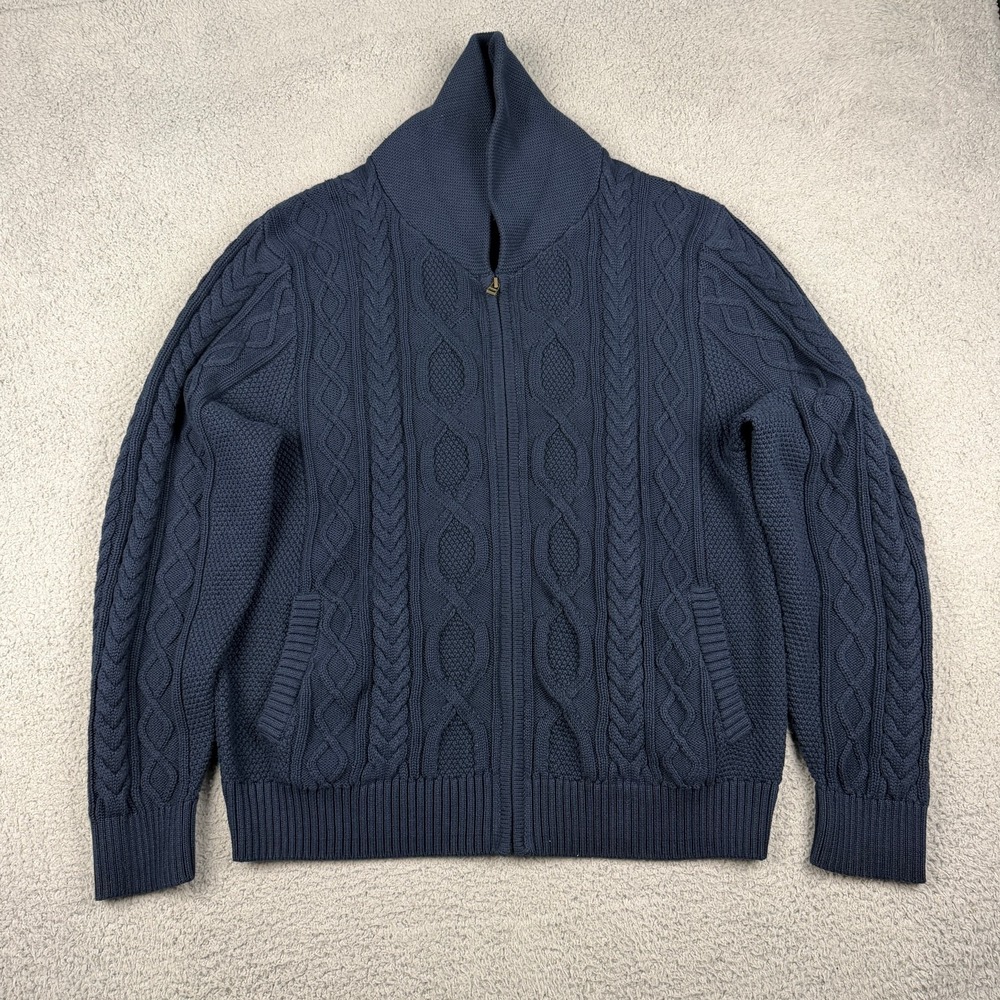 L.L.Bean Fisherman Sweater Womens Large blue cable knit Full Zip Chunky Knit